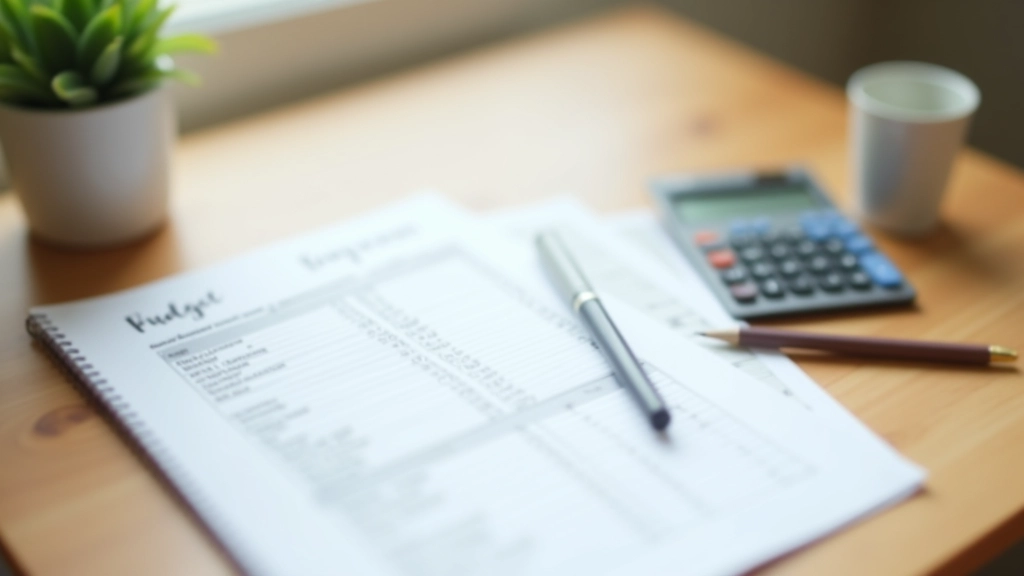 Calculatrice et feuille de budget mensuel sur table en bois naturel