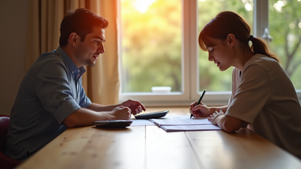 Famille consultant des documents financiers sur une table avec calculatrice et carnet de notes