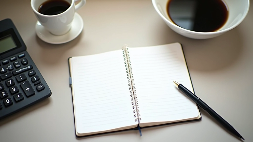 Tableau de planification financière avec cahier, stylo et calculatrice sur bureau moderne