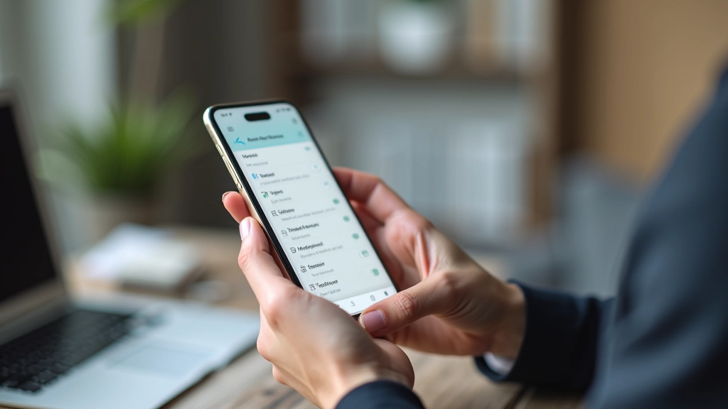Mains tenant un smartphone affichant une application bancaire