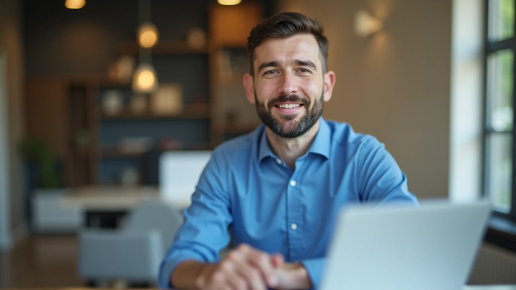 Homme au bureau avec ordinateur portable et graphique d'épargne progressive, sourire satisfait