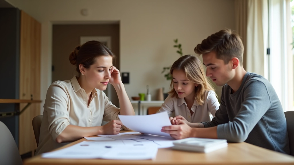 Famille française examinant des documents financiers à la table de la maison