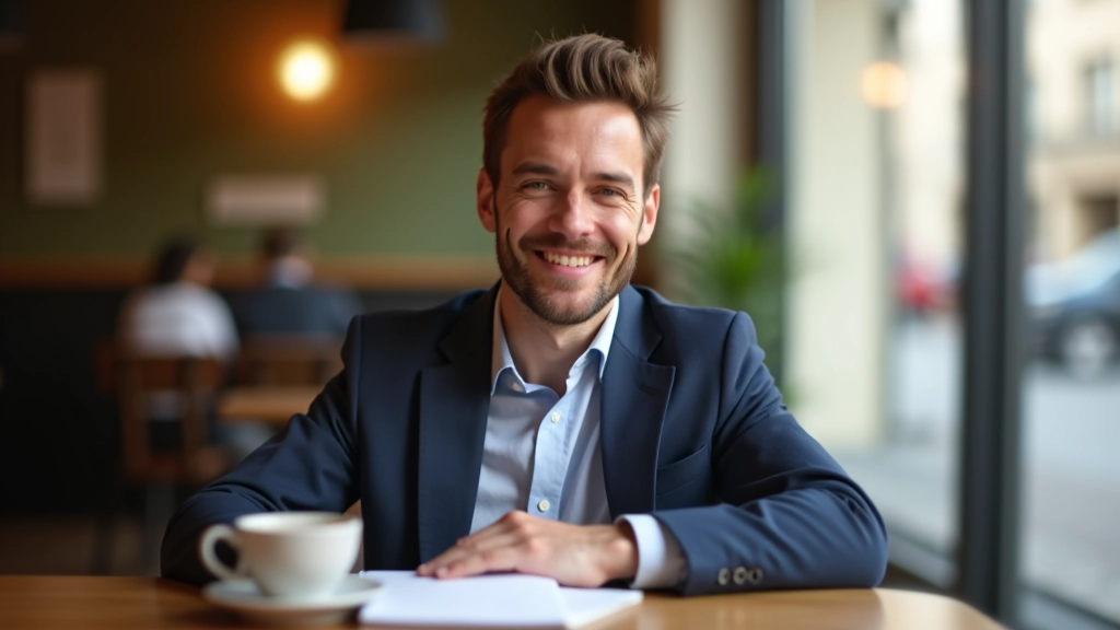 Personne assise au café avec sourire confiant, tableau de planification financière visible