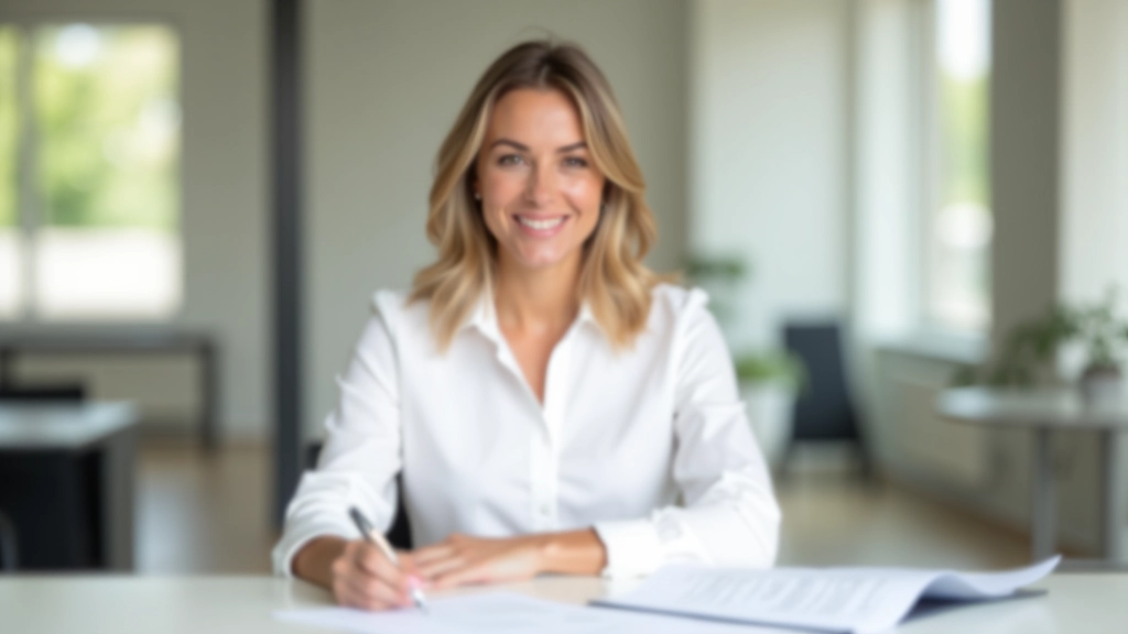Femme assise à table avec papiers de budget, sourire confiant, montrant un montant écrit sur feuille